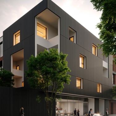 3D rendering of modern, multi-story building with dark exterior, large windows, vertical slats, and surrounding trees.