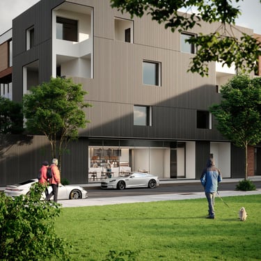 3D rendering of multi-story building with minimalist design, vertical lines, large windows, and ground-floor café.