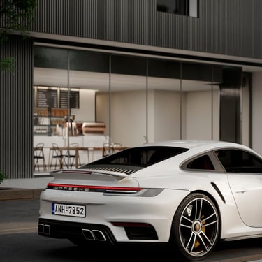 3D rendering of a modern building with gray facade, vertical slats, café with glass windows, and a white Porsche.