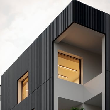 3D rendering of modern building with minimalist design, vertical slats, large windows, and geometric shapes.