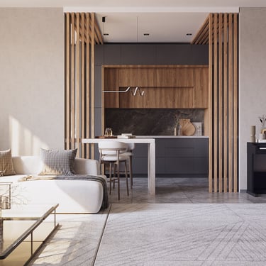 Modern open-concept living space with white sofa, marble island, dark grey cabinets, vertical wooden slats, and digital piano