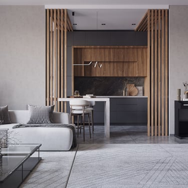 Modern living room with white sofa, glass coffee table, wooden accents, marble kitchen island, and digital piano.