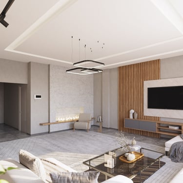 Minimalist modern living room with sectional sofa, glass coffee table, flat-screen TV, and horizontal fireplace.