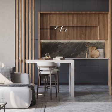 Modern kitchen and living area with dark cabinets, wood accents, marble countertop, and white sofa.