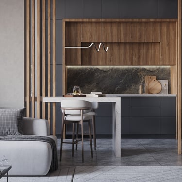 Modern kitchen and living area with dark cabinetry, wood accents, marble countertop, and stylish wavy light.