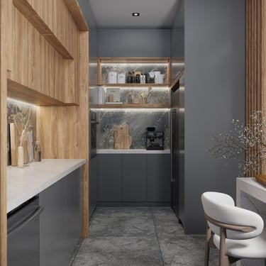 Sleek modern kitchen with wood shelves, grey cabinets, stainless steel refrigerator, and minimalist decor.