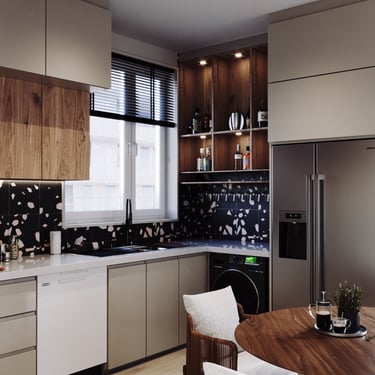 Contemporary kitchen with wood and matte beige cabinets, terrazzo backsplash, black faucet, and open shelves with decor.