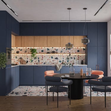 3D rendering of modern kitchen with blue cabinets, wood uppers, terrazzo backsplash, black round table, and large window.