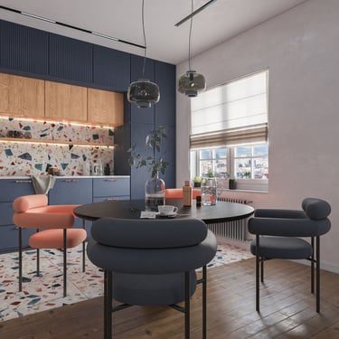3D rendering of modern kitchen with blue and wood cabinets, terrazzo backsplash, round table, and cushioned chairs.