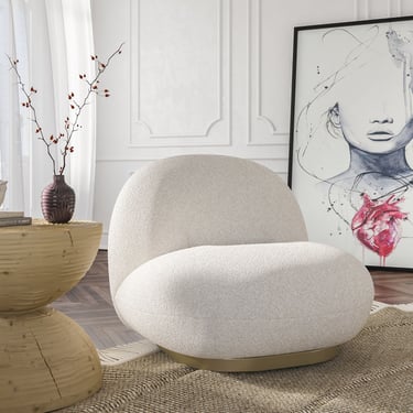 3D render of modern living room corner with beige armchair, wooden side table, large framed artwork, and a woven rug.