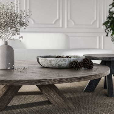 3D render of modern living room with round wooden coffee table, white sofa, plant, and neutral colors.