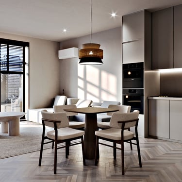 Inviting modern space: natural light, wood dining, cozy sofa, sleek kitchen, chic lighting, elegant ambiance.