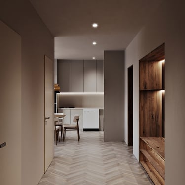 Modern, minimalist kitchen, hallway with sleek shelves, wooden accents, herringbone flooring, warm atmosphere.