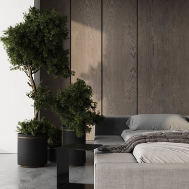 3D rendering of a modern bedroom with a grey bed, wood panel wall, plants, and concrete floor in a minimal design.