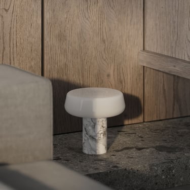 3D interior rendering of a modern lamp with marble base on a stone table, framed by wooden wall panels with natural grain.