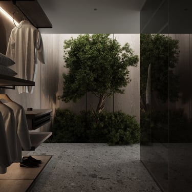 3D rendering of a modern closet with concrete floors, shelves for clothing, and a mirror reflecting green trees and shrubs.