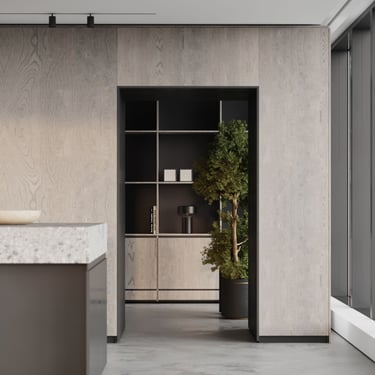 3D rendering of a modern interior with wood paneling, black shelving, soft natural light, and a large indoor plant.