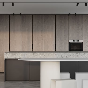 3D rendering of a sleek kitchen with stone island, sculptural stools, warm wood cabinetry, and focused track lighting.