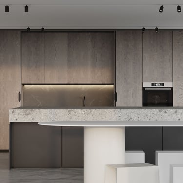 3D rendering of a minimalist kitchen with stone island, curved stools, warm wood cabinetry, and directional ceiling lighting.