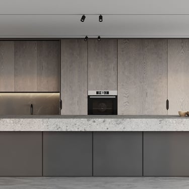 3D rendering of a modern kitchen with stone island, dark cabinetry, wood paneling, and warm under-cabinet lighting.