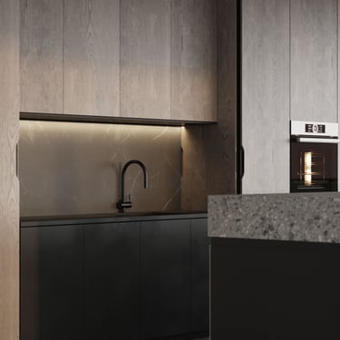 3D rendering of a sleek kitchen with light wood uppers, dark base cabinets, marble backsplash, and speckled stone countertop.