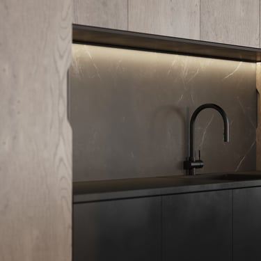 3D rendering of a sink area with black faucet, marble backsplash, wood uppers, and soft lighting.