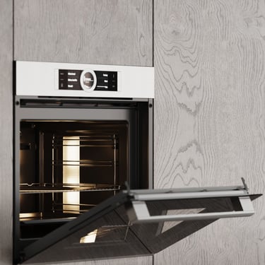 3D rendering of a built-in oven with open door, wood cabinetry, stainless steel panel, and illuminated interior.