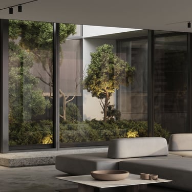 3D rendering of a modern indoor space with grey sectional sofa, low coffee table, glass panels, greenery, and natural light