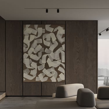 3D rendering of a modern living room with wood wall, abstract art, neutral sofas, recessed lights, spotlights, and calm style