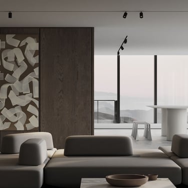 3D rendering of a modern living room with sectional sofa, marble table, wood wall art, tall windows, mountain views, lighting