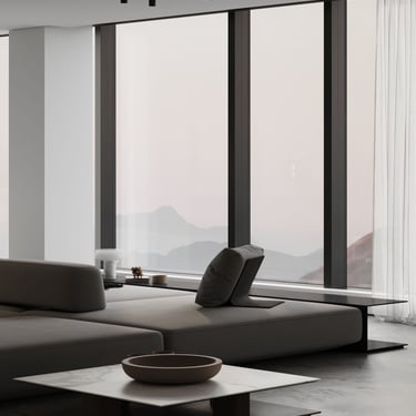 3D rendering of a modern living room with neutral sectional sofa, marble table, floor-to-ceiling windows, mountain view