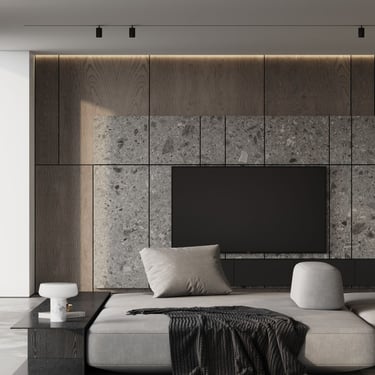 3D rendering of a modern living room with grey sofa, TV, wood and stone wall panels, black side table, concrete floor, lights