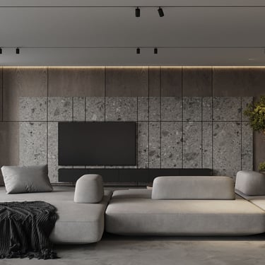 3D rendering of a modern living room with gray sofa, black table, stone wall with TV, wood panels, ceiling lights, and plant.