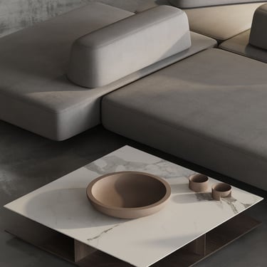 3D rendering of a modern living room with grey sectional sofa, marble table, beige bowl, cups, concrete floor, and calm style