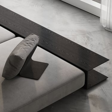 3D rendering of a modern living room with light grey sofa, dark wood shelf, concrete floor, sheer curtains, and natural light