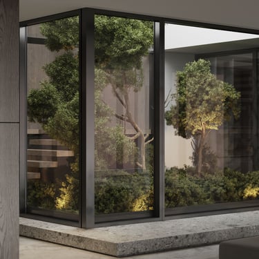 3D rendering of an indoor garden with black-framed glass walls, lush greenery, natural light, and smooth concrete floor