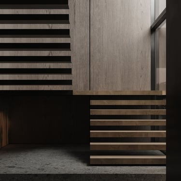 3D rendering of an indoor space with floating wooden staircase, glass panels, concrete, and natural light.