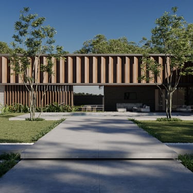 3D rendering of a modern villa with concrete and wood elements, large glass windows, landscaped yard, and concrete pathway.