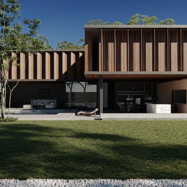 3D rendering of modern villa with wood and glass elements, large windows, lawn, stone path, and patio furniture.