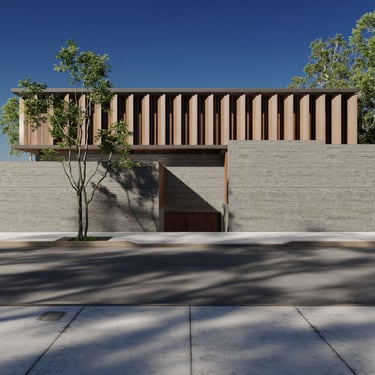 3D rendering of modern villa with concrete wall, wooden gate, vertical wooden slats, trees, and clear blue sky.