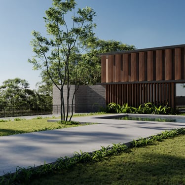 3D rendering of modern house with wooden paneling, concrete pathway, lawn, tree, and plants under clear blue sky.