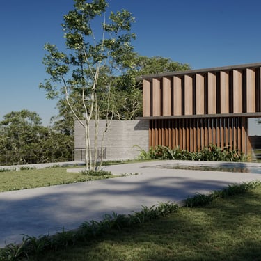 3D rendering of modern villa with vertical wooden slats, concrete wall, garden, tree, grass, and clear sky.