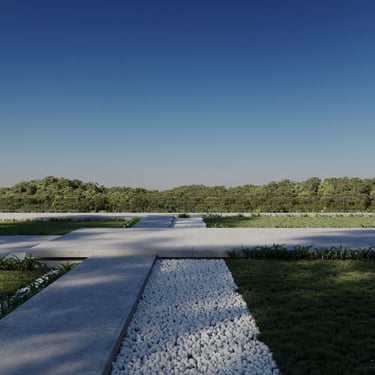 "3D rendering of outdoor landscape with concrete paths, white pebbles, green grass, forest, blue sky, and visible shadows.