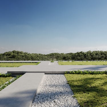 3D rendering of minimalist landscape with concrete paths, white pebbles, green grass, and trees under clear blue sky.