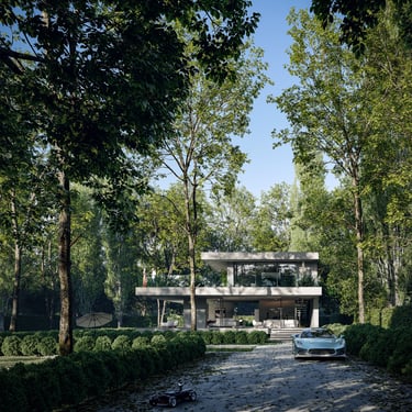 3D exterior rendering of a modern concrete villa with large glazing and clean lines, Created by VISUALISE.