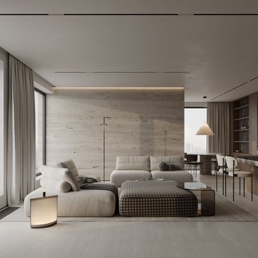 3D rendering of living room with modern furnishings, grid lighting, stone wall, beige accents, stylish and inviting.