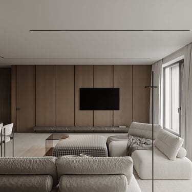 3D rendering of living room with modern furniture, grid lighting, wooden TV wall, and beige accents for a stylish atmosphere.