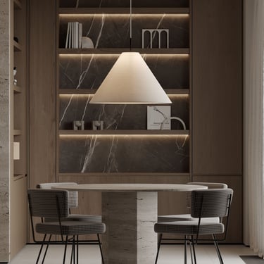 3D rendering of cozy space with built-in wooden shelves, library, stone table, chairs, modern ceiling lamp, and calm.