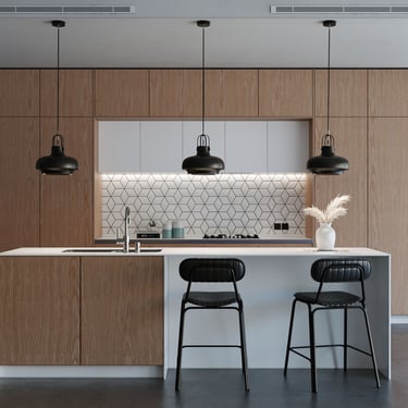 3D rendering of modern minimalist kitchen: clean lines, wood cabinetry, white countertop, black stools, and pendant lights.