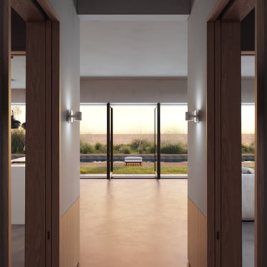 3D rendering of modern hallway with glass doors, natural light, elegant wooden features, and green outdoor view.